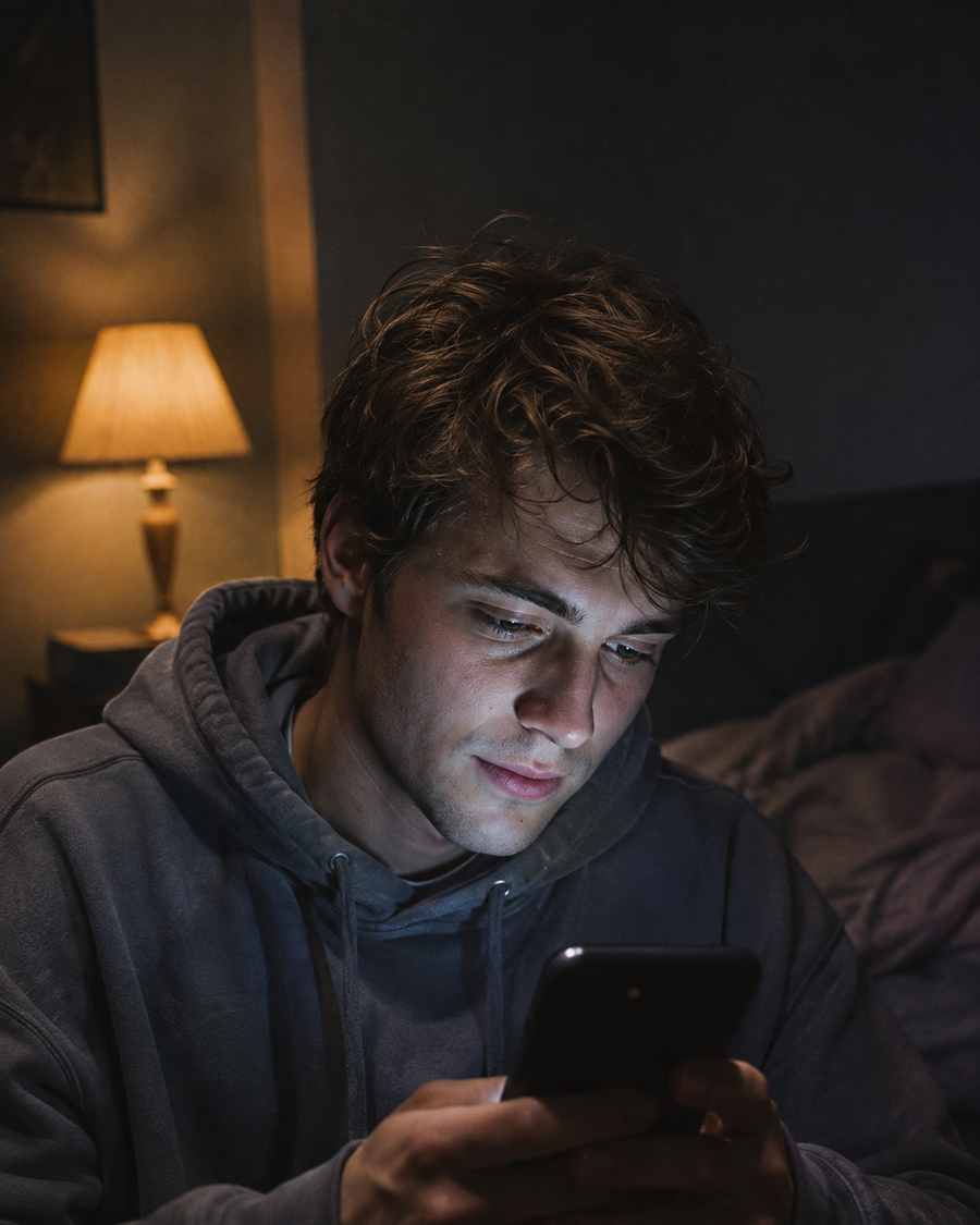 Unsent portrait — close-up in a dark bedroom, face lit only by a phone screen, grey hoodie, warm lamp behind him.