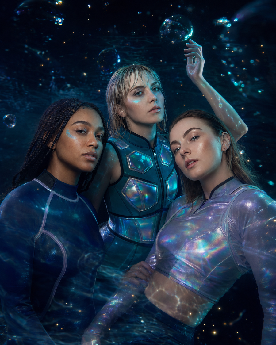 VELA portrait — the three-piece in a South London park at golden hour, city towers behind them: Nia, Edie and Frankie leaning together, close and unsmiling. The band as it is on Earth.