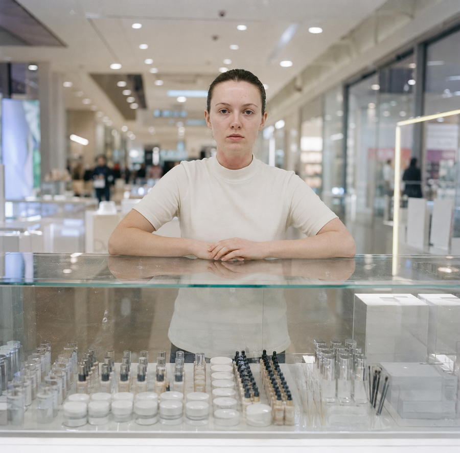 VITRINE — the actual job: standing behind a glass cosmetics counter in a shopping-centre department store, foundation bottles and brushes lined up beneath her. The source of every percussion sound on Glass Animal.