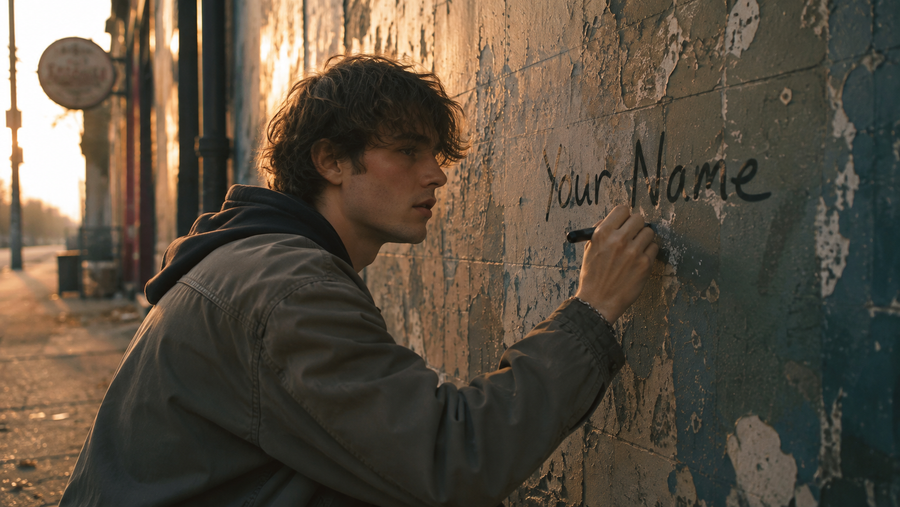 Wells — golden hour on an empty suburban sidewalk, writing “Your Name” in marker on a peeling painted wall. The literal act of I Wrote Your Name Everywhere.