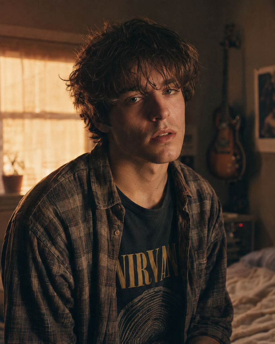 Wells portrait — warm bedroom light through the blinds, messy dark hair, vintage band tee under an open flannel, electric guitar on the wall behind him.