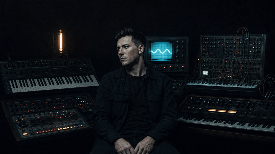 Xenon — in a dark studio surrounded by vintage analogue synths and an oscilloscope glowing a blue sine wave. The world of Signal Fade.