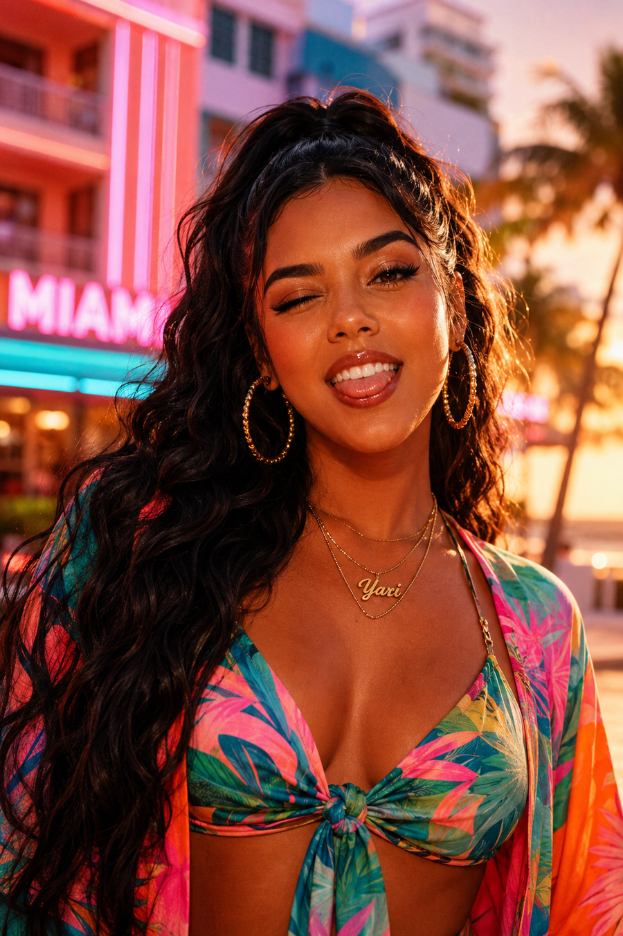 Yari portrait — golden-hour South Beach: gold hoops, “Yari” nameplate necklace, tropical top, winking in front of a neon MIAMI sign.